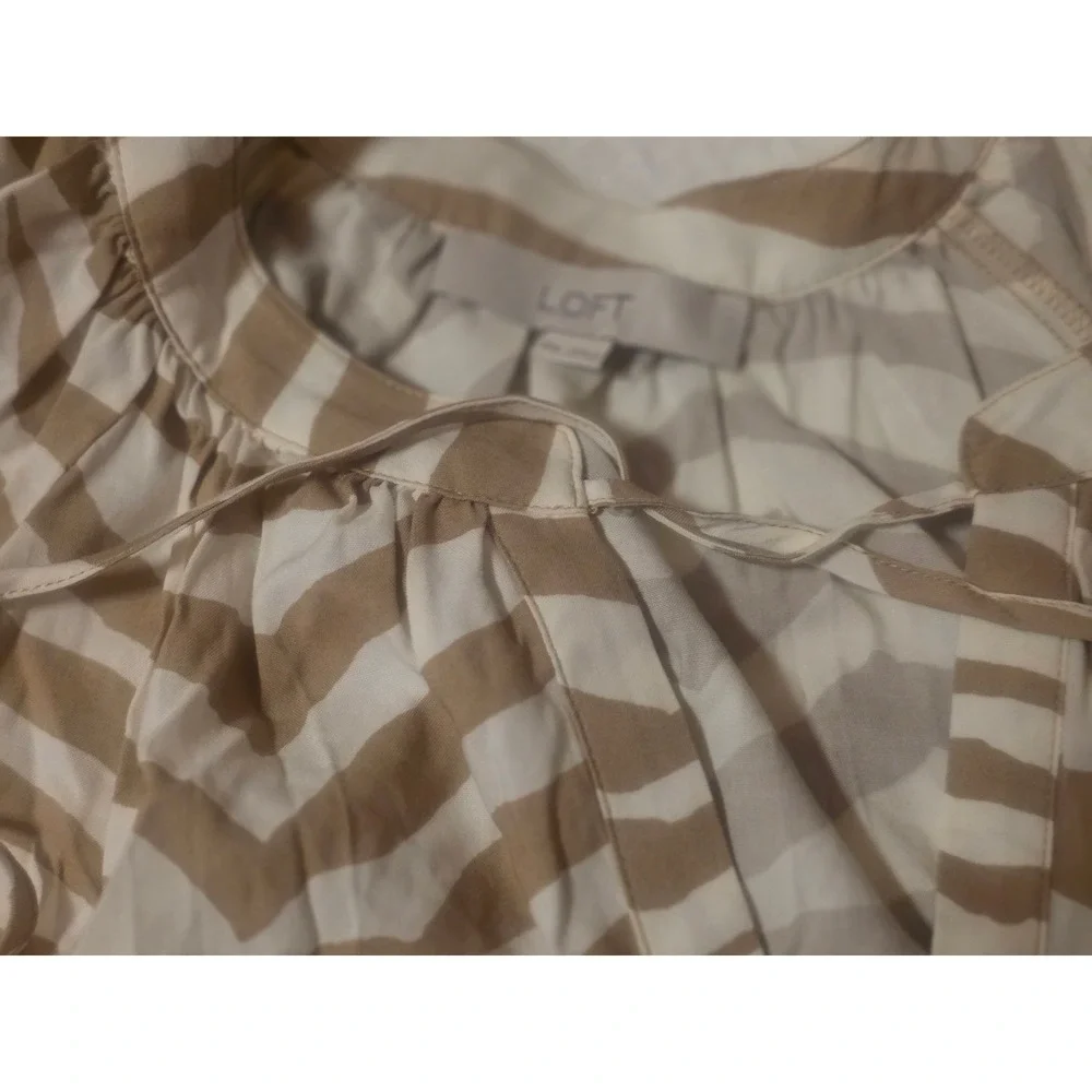 LOFT Tan White Zebra Print Puff Sleeve Tie Neck Blouse XXL